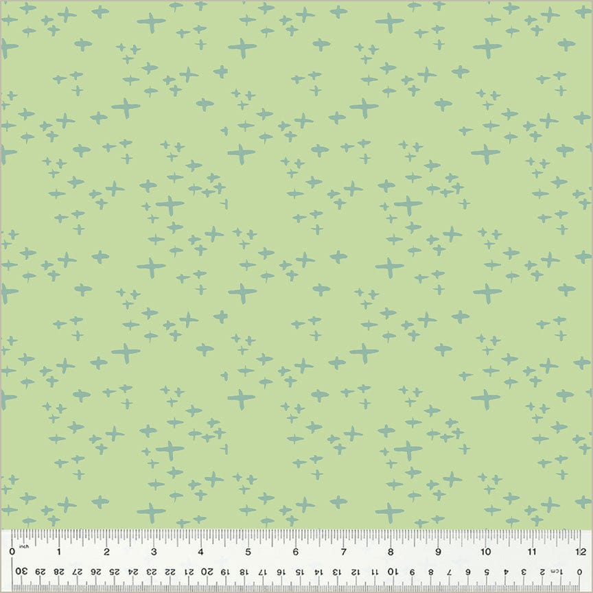 Cotton quilting fabric pattern called 'Glimmer in Celery'. Part of the 'Moonlit' fabric collection. Designed by Jennifer Moore / Monaluna for fabric company Windham Fabrics. SKU: 54289-16. 44-45 inch width.