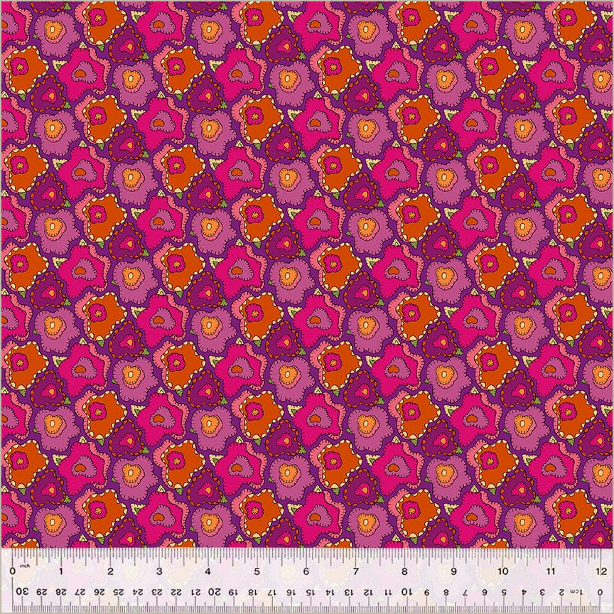 Cotton quilting fabric pattern called 'Pop in Magenta'. Part of the 'Twilight' fabric collection. Designed by Sally Kelly for fabric company Windham Fabrics. SKU: 54303D-4. 44-45 inch width.