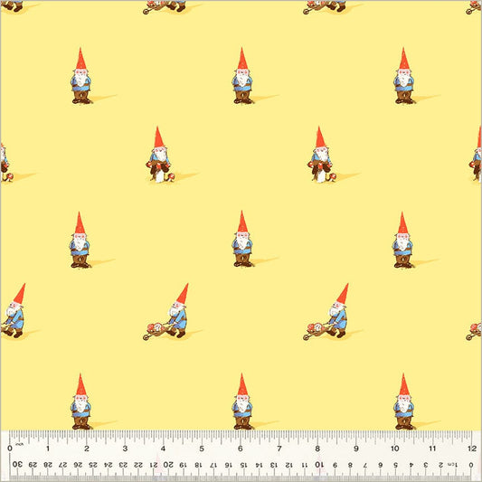 A closeup of the quilting fabric pattern called Gnomes, by Heather Ross, in the yellow colorway. The SKU is 54324D-2.