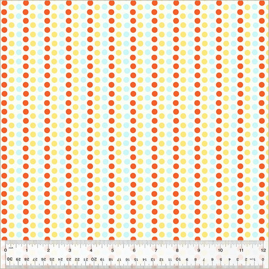 A closeup shot of the quilting fabric pattern called Dots, designed by Heather Ross, in the blue & yellow colorway. The SKU is 54326D-4.