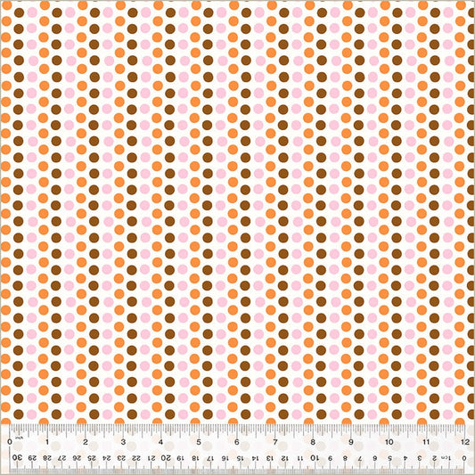 A closeup shot of the quilting fabric pattern called Dots, designed by Heather Ross, in the pink & orange colorway. The SKU is 54326D-5.