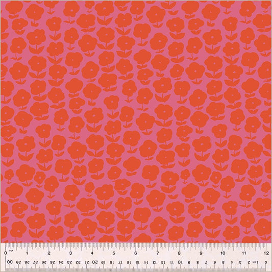 High Density Cotton quilting fabric pattern called 'Puffy Daisy in Purple/Red'. Part of the 'Ruby and Bee Blenders' fabric collection. Designed by Heather Ross for the Windham Fabrics fabric company. SKU: 54413-1. 44-45 inch width.