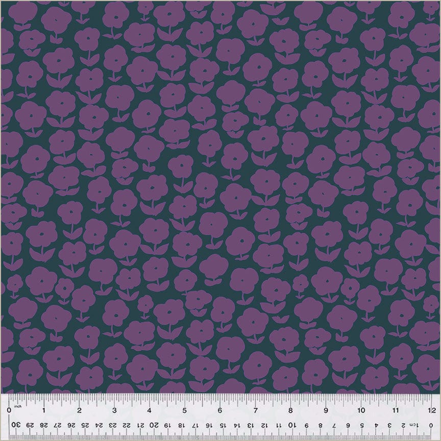 High Density Cotton quilting fabric pattern called 'Puffy Daisy in Salvia'. Part of the 'Ruby and Bee Blenders' fabric collection. Designed by Heather Ross for the Windham Fabrics fabric company. SKU: 54413-2. 44-45 inch width.