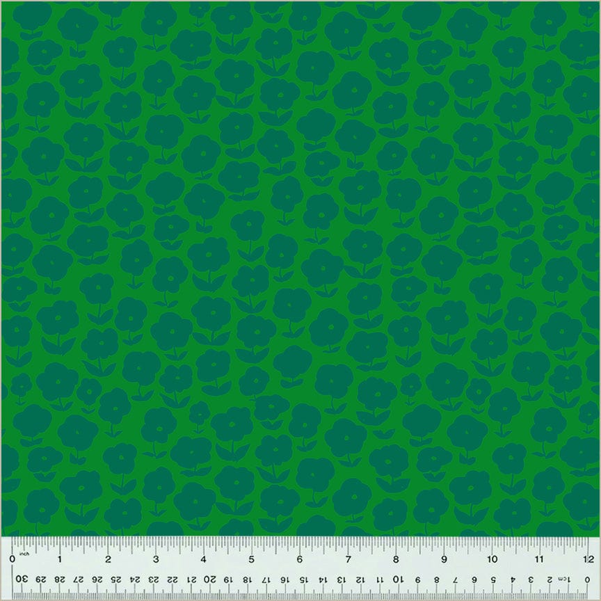 High Density Cotton quilting fabric pattern called 'Puffy Daisy in Ferns'. Part of the 'Ruby and Bee Blenders' fabric collection. Designed by Heather Ross for the Windham Fabrics fabric company. SKU: 54413-3. 44-45 inch width.