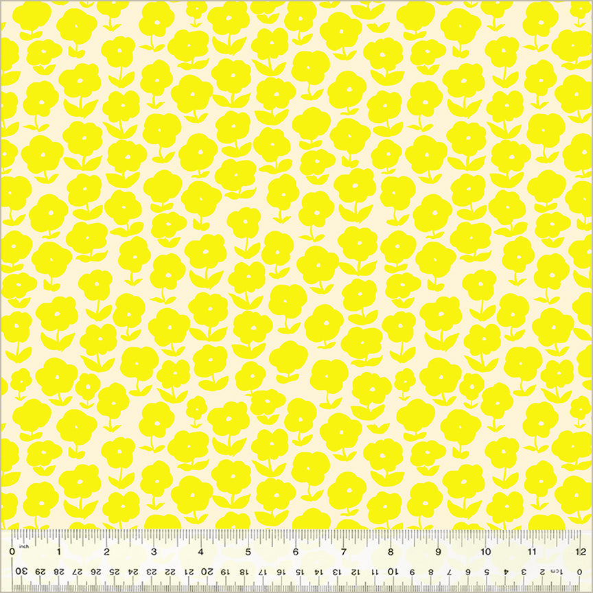 High Density Cotton quilting fabric pattern called 'Puffy Daisy in Vanilla Custard'. Part of the 'Ruby and Bee Blenders' fabric collection. Designed by Heather Ross for the Windham Fabrics fabric company. SKU: 54413-5. 44-45 inch width.