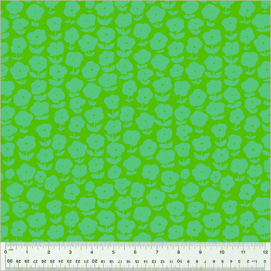 High Density Cotton quilting fabric pattern called 'Puffy Daisy in Pasture'. Part of the 'Ruby and Bee Blenders' fabric collection. Designed by Heather Ross for the Windham Fabrics fabric company. SKU: 54413-7. 44-45 inch width.