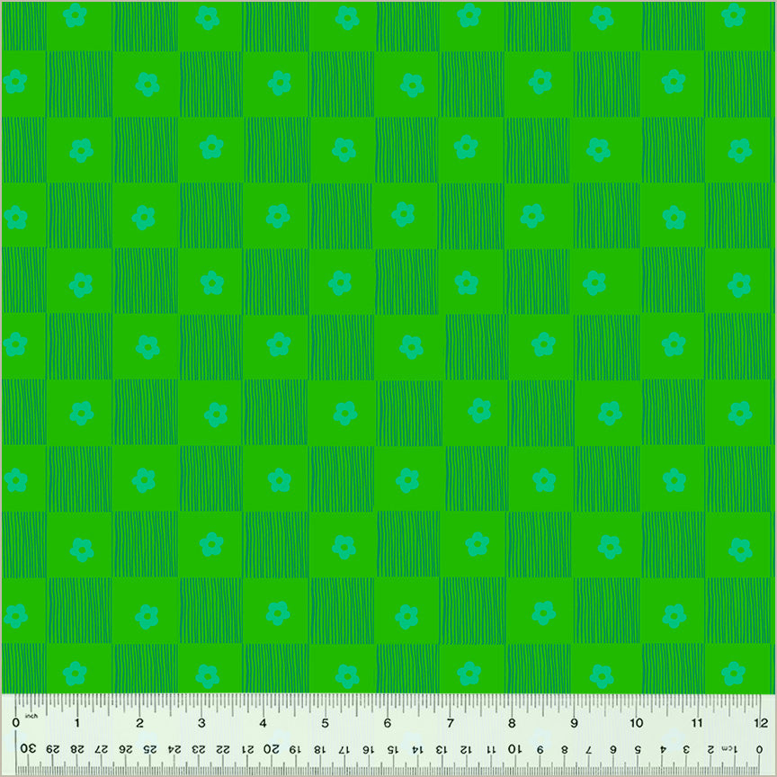High Density Cotton quilting fabric pattern called 'Footpath in Clover'. Part of the 'Ruby and Bee Blenders' fabric collection. Designed by Heather Ross for the Windham Fabrics fabric company. SKU: 54414-10. 44-45 inch width.