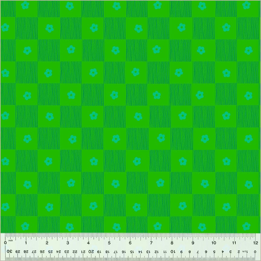 High Density Cotton quilting fabric pattern called 'Footpath in Clover'. Part of the 'Ruby and Bee Blenders' fabric collection. Designed by Heather Ross for the Windham Fabrics fabric company. SKU: 54414-10. 44-45 inch width.