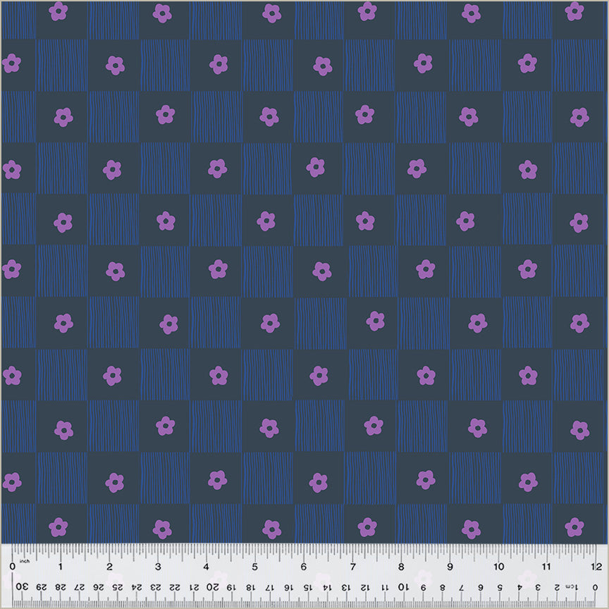High Density Cotton quilting fabric pattern called 'Footpath in Indigo'. Part of the 'Ruby and Bee Blenders' fabric collection. Designed by Heather Ross for the Windham Fabrics fabric company. SKU: 54414-11. 44-45 inch width.