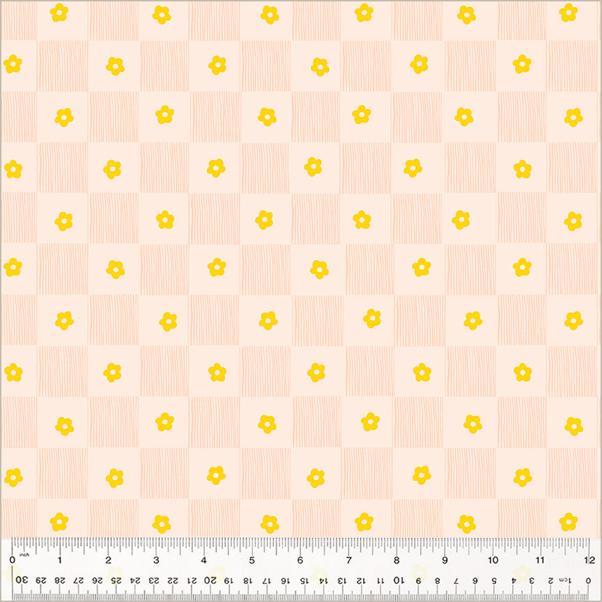High Density Cotton quilting fabric pattern called 'Footpath in Gold'. Part of the 'Ruby and Bee Blenders' fabric collection. Designed by Heather Ross for the Windham Fabrics fabric company. SKU: 54414-9. 44-45 inch width.