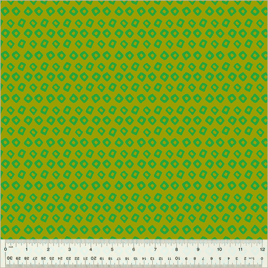 High Density Cotton quilting fabric pattern called 'Shibori in Avocado/Agave'. Part of the 'Ruby and Bee Blenders' fabric collection. Designed by Heather Ross for the Windham Fabrics fabric company. SKU: 54415-17. 44-45 inch width.