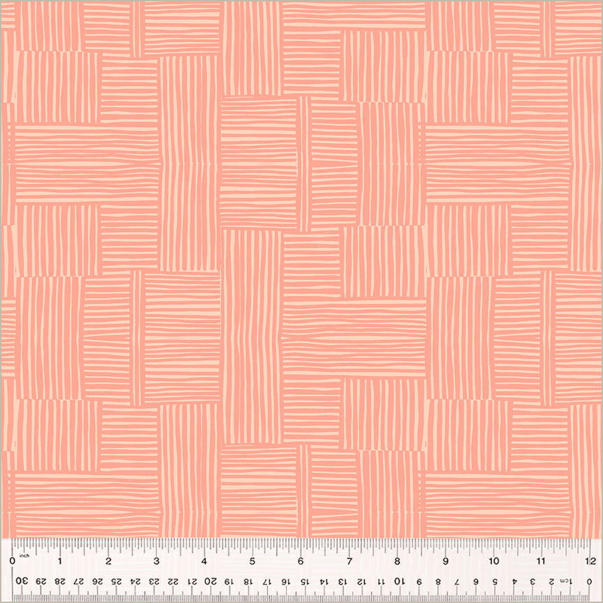High Density Cotton quilting fabric pattern called 'Woven in Shell/Peachy'. Part of the 'Ruby and Bee Blenders' fabric collection. Designed by Heather Ross for the Windham Fabrics fabric company. SKU: 54416-21. 44-45 inch width.