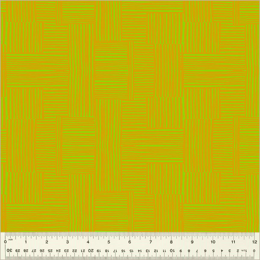 High Density Cotton quilting fabric pattern called 'Woven in Avocado/Turmeric'. Part of the 'Ruby and Bee Blenders' fabric collection. Designed by Heather Ross for the Windham Fabrics fabric company. SKU: 54416-23. 44-45 inch width.