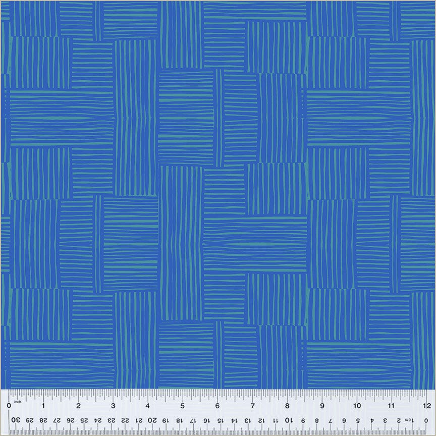 High Density Cotton quilting fabric pattern called 'Woven in Pool/Majorelle'. Part of the 'Ruby and Bee Blenders' fabric collection. Designed by Heather Ross for the Windham Fabrics fabric company. SKU: 54416-25. 44-45 inch width.
