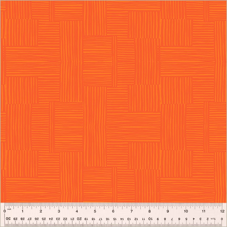 High Density Cotton quilting fabric pattern called 'Woven in Marigold/Mandarin'. Part of the 'Ruby and Bee Blenders' fabric collection. Designed by Heather Ross for the Windham Fabrics fabric company. SKU: 54416-27. 44-45 inch width.