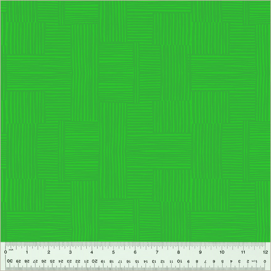 High Density Cotton quilting fabric pattern called 'Woven in Pasture/Evergreen'. Part of the 'Ruby and Bee Blenders' fabric collection. Designed by Heather Ross for the Windham Fabrics fabric company. SKU: 54416-28. 44-45 inch width.