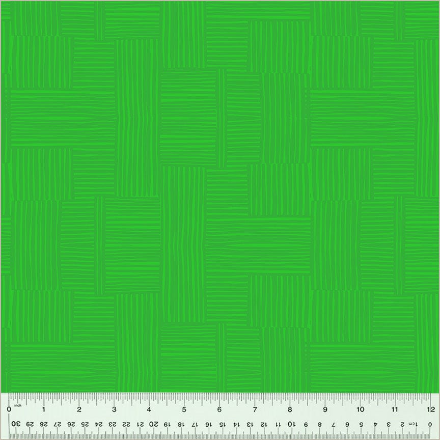 High Density Cotton quilting fabric pattern called 'Woven in Pasture/Evergreen'. Part of the 'Ruby and Bee Blenders' fabric collection. Designed by Heather Ross for the Windham Fabrics fabric company. SKU: 54416-28. 44-45 inch width.