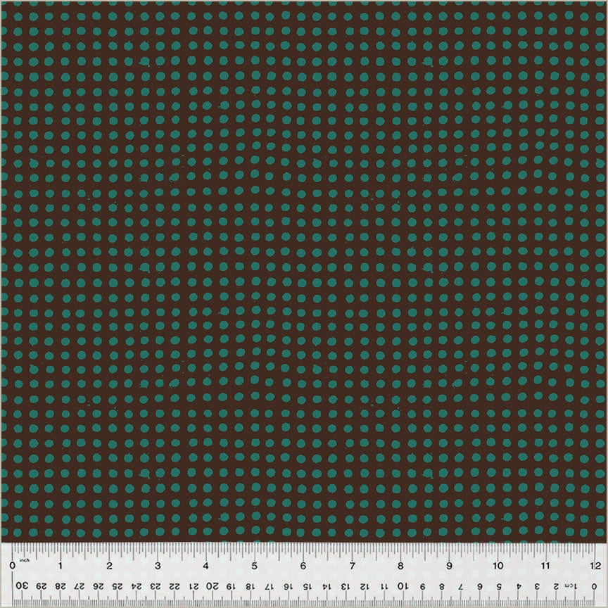 High Density Cotton quilting fabric pattern called 'Dots in Truffle/China Blue'. Part of the 'Ruby and Bee Blenders' fabric collection. Designed by Heather Ross for the Windham Fabrics fabric company. SKU: 54417-32. 44-45 inch width.