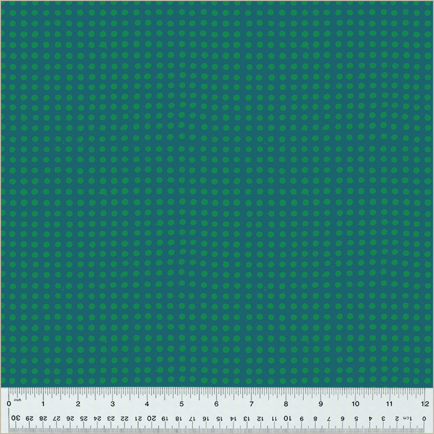 High Density Cotton quilting fabric pattern called 'Dots in Kelp/Evergreen'. Part of the 'Ruby and Bee Blenders' fabric collection. Designed by Heather Ross for the Windham Fabrics fabric company. SKU: 54417-35. 44-45 inch width.