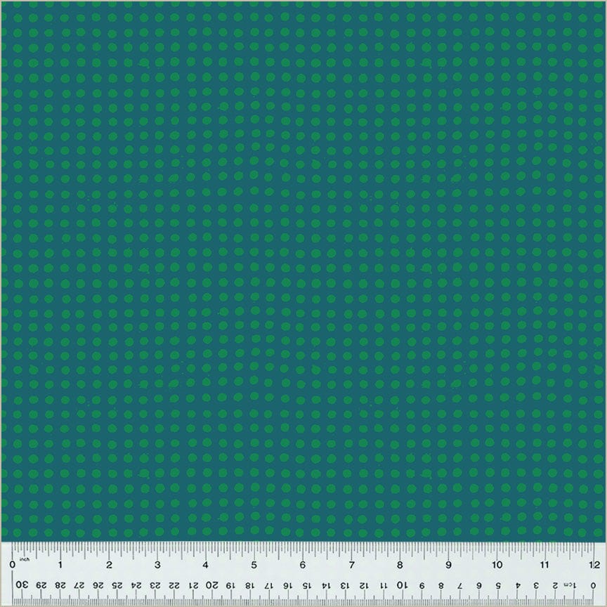 High Density Cotton quilting fabric pattern called 'Dots in Kelp/Evergreen'. Part of the 'Ruby and Bee Blenders' fabric collection. Designed by Heather Ross for the Windham Fabrics fabric company. SKU: 54417-35. 44-45 inch width.