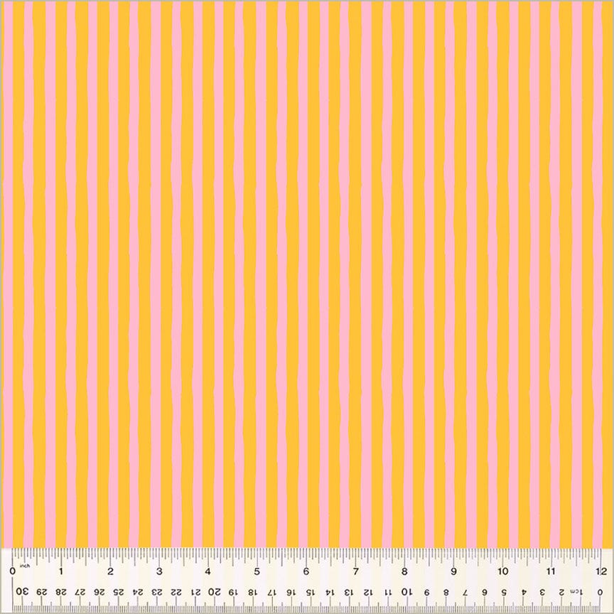 High Density Cotton quilting fabric pattern called 'Drawn Stripe in Turmeric/Vervain'. Part of the 'Ruby and Bee Blenders' fabric collection. Designed by Heather Ross for the Windham Fabrics fabric company. SKU: 54418-36. 44-45 inch width.