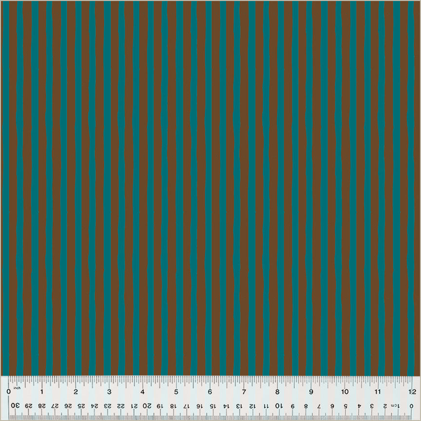 High Density Cotton quilting fabric pattern called 'Drawn Stripe in Provence/Brown'. Part of the 'Ruby and Bee Blenders' fabric collection. Designed by Heather Ross for the Windham Fabrics fabric company. SKU: 54418-37. 44-45 inch width.