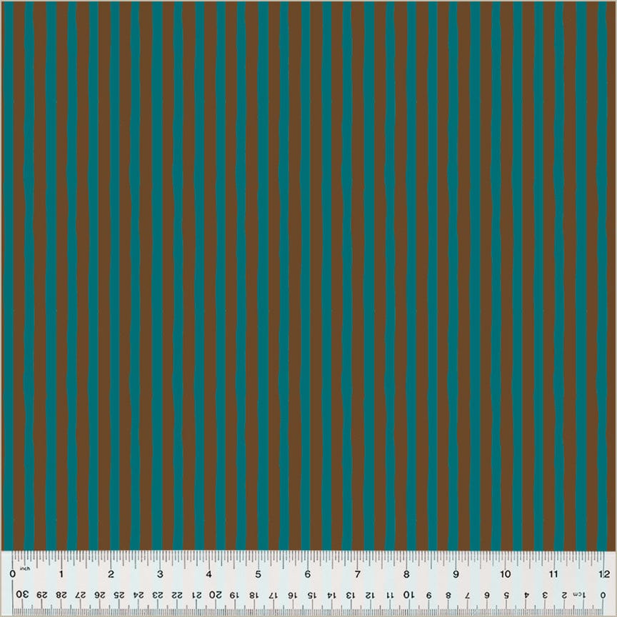 High Density Cotton quilting fabric pattern called 'Drawn Stripe in Provence/Brown'. Part of the 'Ruby and Bee Blenders' fabric collection. Designed by Heather Ross for the Windham Fabrics fabric company. SKU: 54418-37. 44-45 inch width.