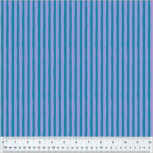High Density Cotton quilting fabric pattern called 'Drawn Stripe in Salvia/Provence'. Part of the 'Ruby and Bee Blenders' fabric collection. Designed by Heather Ross for the Windham Fabrics fabric company. SKU: 54418-38. 44-45 inch width.