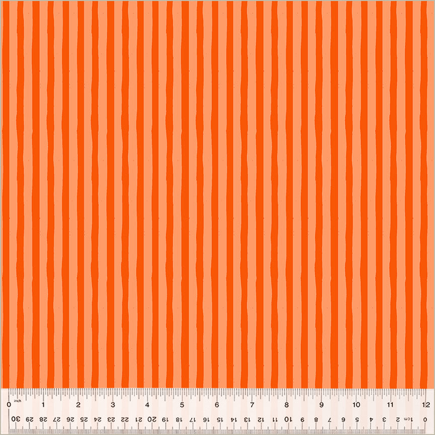 High Density Cotton quilting fabric pattern called 'Drawn Stripe in Peachy/Delphinium'. Part of the 'Ruby and Bee Blenders' fabric collection. Designed by Heather Ross for the Windham Fabrics fabric company. SKU: 54418-40. 44-45 inch width.