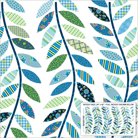 Leafy Vine Cheater in Blue quilting fabric, part of the Made Easy fabric collection by Denyse Schmidt (SKU: 54464D-2)
