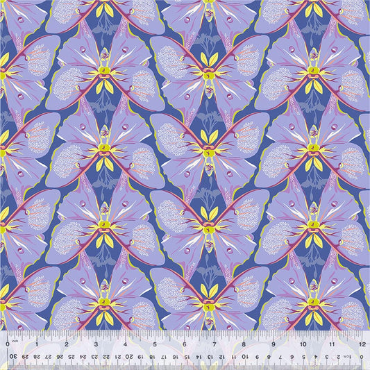 A closeup shot of the quilting fabric pattern called Luna, designed by Tamara Kate, in the periwinkle colorway. The SKU is 54653-6.