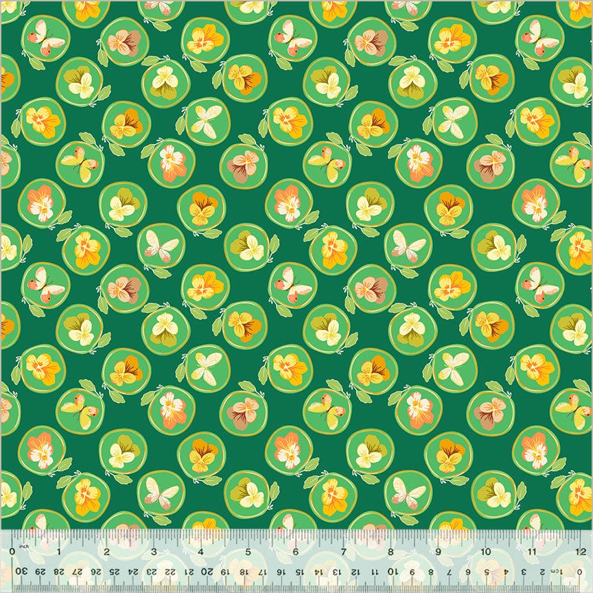 A closeup shot of the quilting fabric pattern called Cameo, designed by Tamara Kate, in the green colorway. The SKU. is 54654-7.