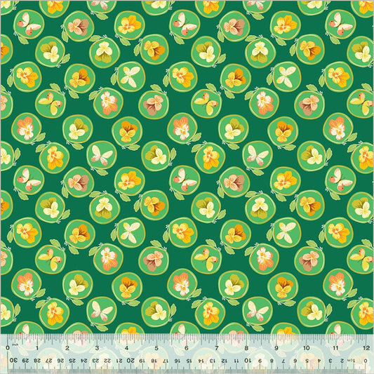 A closeup shot of the quilting fabric pattern called Cameo, designed by Tamara Kate, in the green colorway. The SKU. is 54654-7.