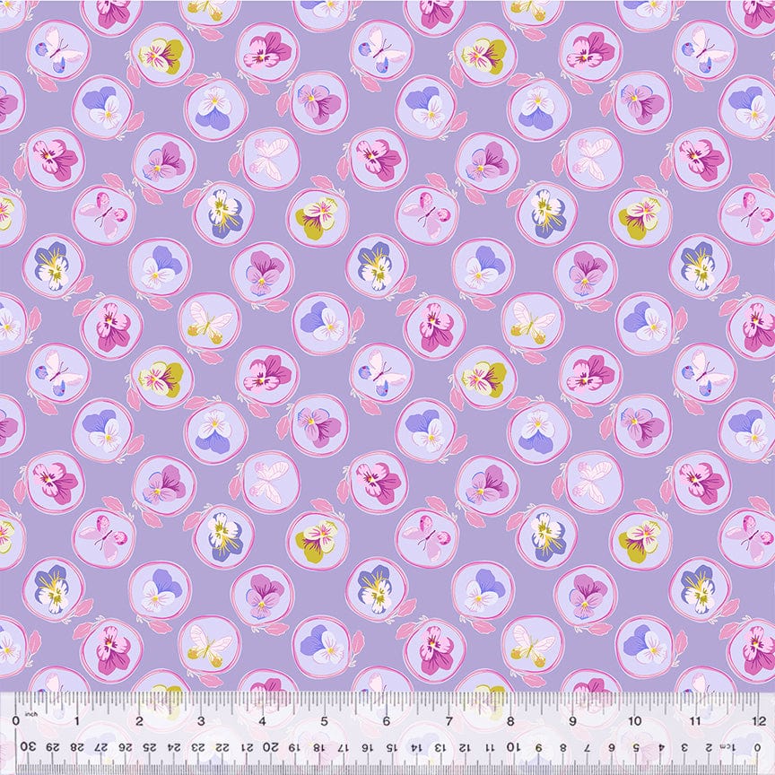 A closeup shot of the quilting fabric pattern called Cameo, designed by Tamara Kate, in the purple colorway. The SKU is 54654-8.