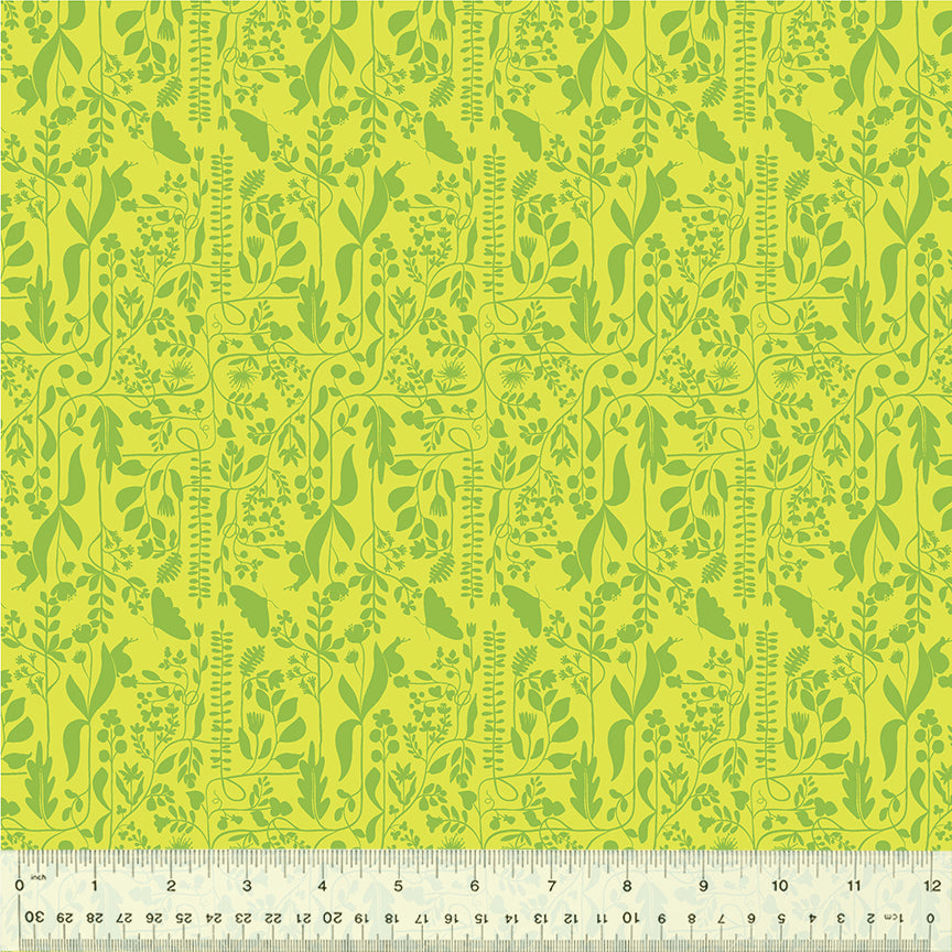 A closeup shot of the quilting fabric pattern called Meander, designed by Tamara Kate, in the grass colorway. The SKU is 54657-15.