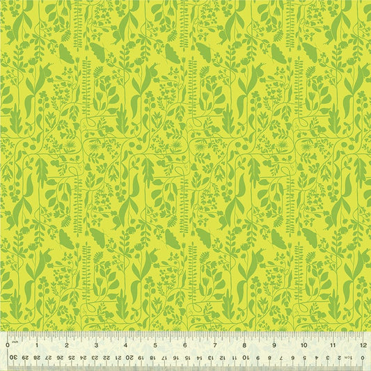 A closeup shot of the quilting fabric pattern called Meander, designed by Tamara Kate, in the grass colorway. The SKU is 54657-15.