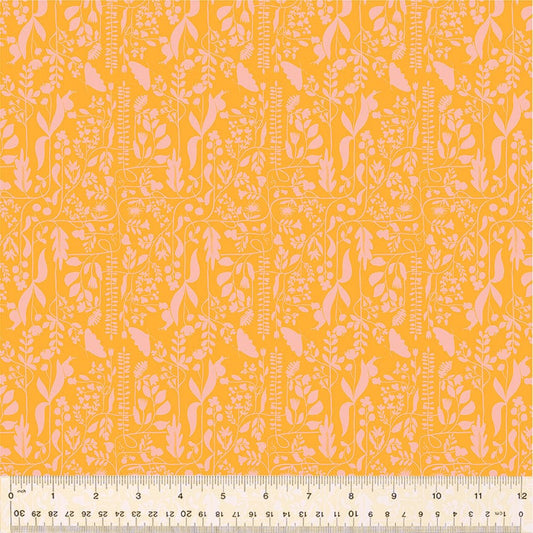 A closeup shot of the quilting fabric pattern called Meander, designed by Tamara Kate, in the orange colorway. The SKU is 54657-16.