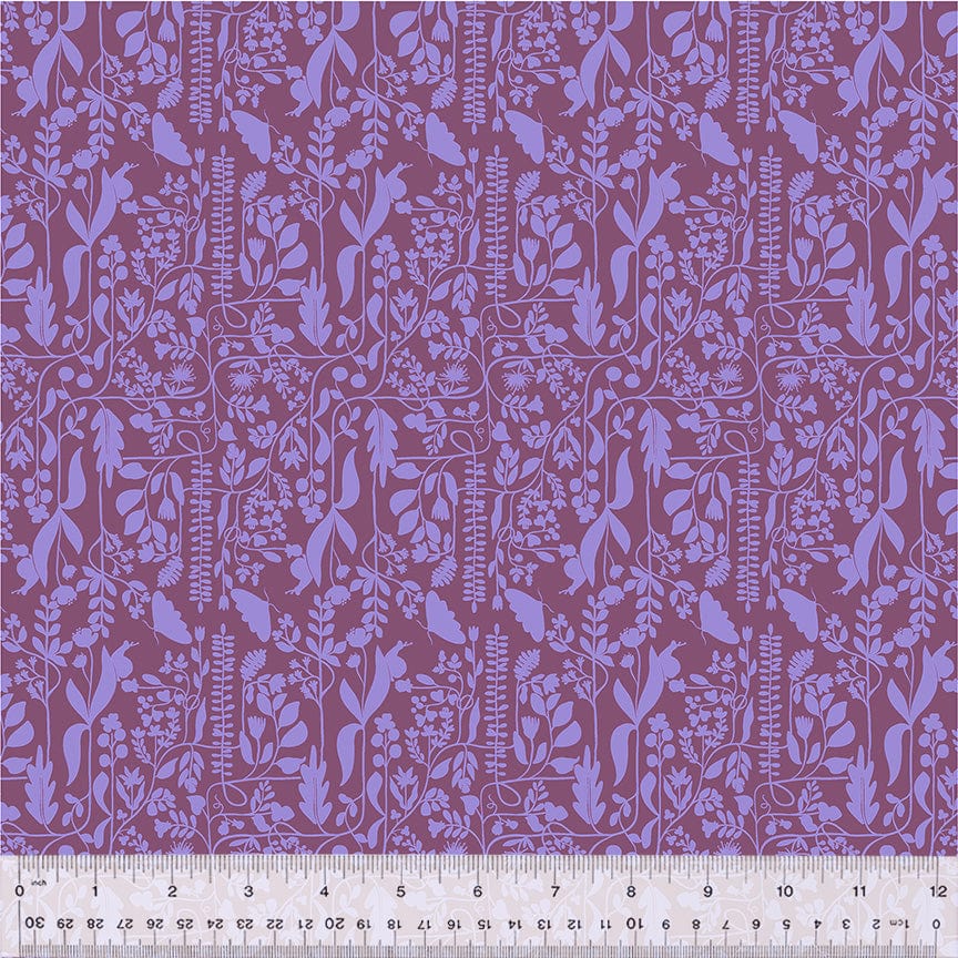 A closeup shot of the quilting fabric pattern called Meander, designed by Tamara Kate, in the plum colorway. The SKU is 54657-17.