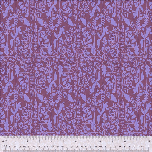 A closeup shot of the quilting fabric pattern called Meander, designed by Tamara Kate, in the plum colorway. The SKU is 54657-17.