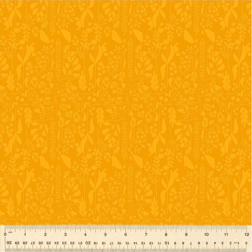 A closeup shot of the quilting fabric pattern called Meander, designed by Tamara Kate, in the gold colorway. The SKU is 54657-19.