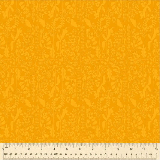 A closeup shot of the quilting fabric pattern called Meander, designed by Tamara Kate, in the gold colorway. The SKU is 54657-19.