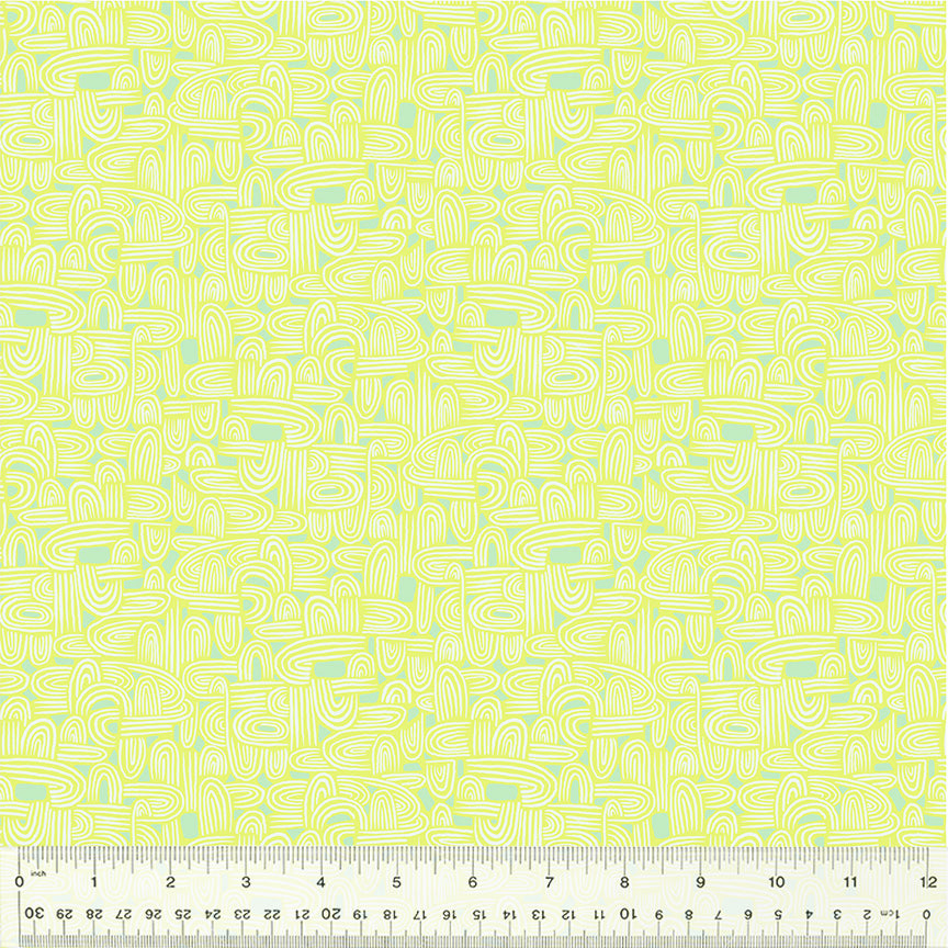 A closeup shot of the quilting fabric pattern called Tunneling, designed by Tamara Kate, in the celery colorway. The SKU is 54658-21.