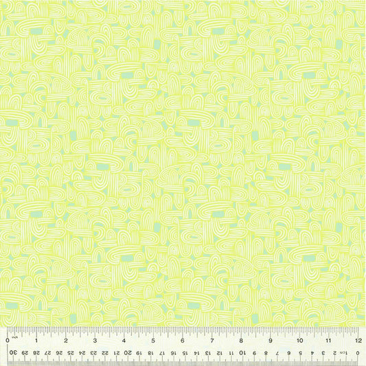 A closeup shot of the quilting fabric pattern called Tunneling, designed by Tamara Kate, in the celery colorway. The SKU is 54658-21.
