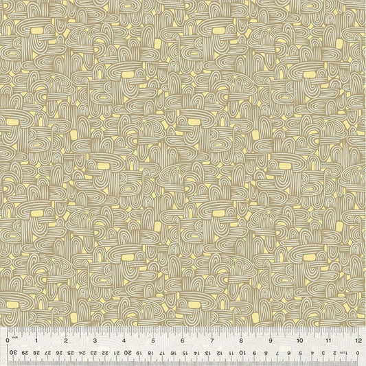 A closeup shot of the quilting fabric pattern called Tunneling, designed by Tamara Kate, in the taupe colorway. The SKU is 54658-22.