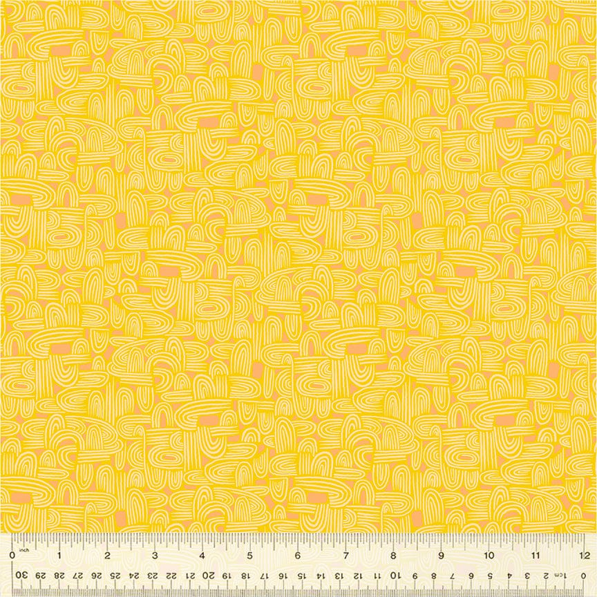 A closeup shot of the quilting fabric pattern called Tunneling, designed by Tamara Kate, in the yellow colorway. The SKU is 54658-24.