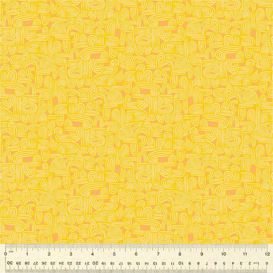 A closeup shot of the quilting fabric pattern called Tunneling, designed by Tamara Kate, in the yellow colorway. The SKU is 54658-24.