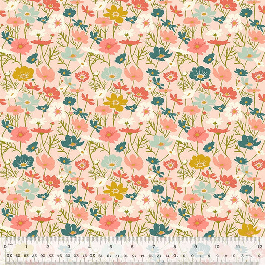 A closeup shot of the quilting fabric pattern called Blooming Cosmos, designed by Jennifer Moore, in the pale pink colorway. The SKU is 54716-10.