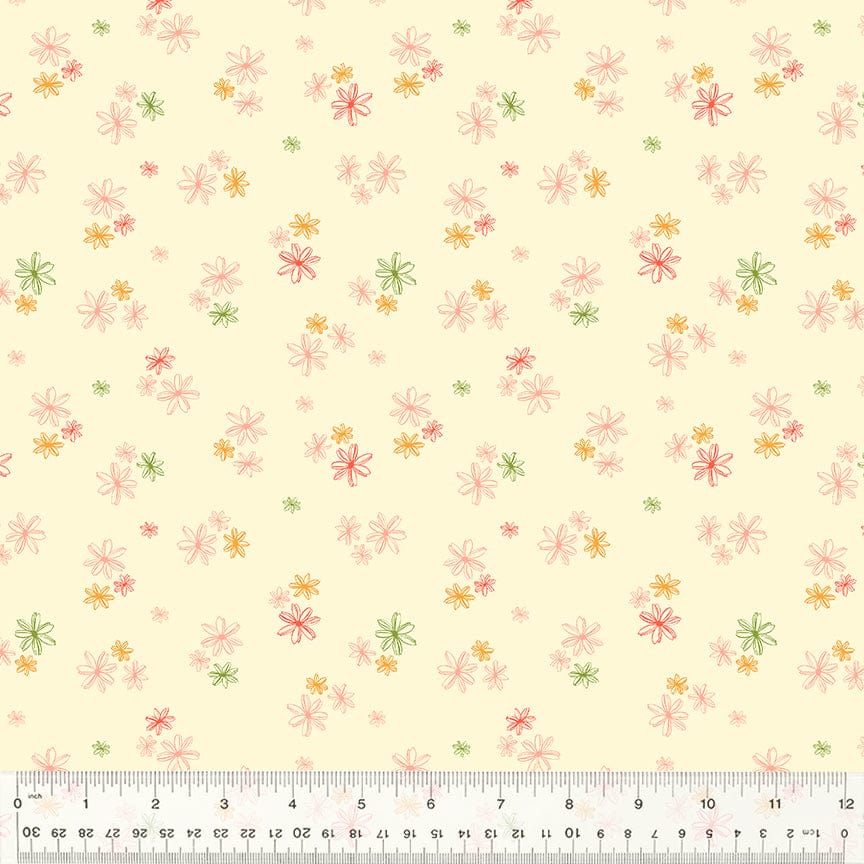 A closeup shot of the quilting fabric pattern called Dappled Daisies, designed by Jennifer Moore, in the ivory colorway. The SKU is 54717-3.