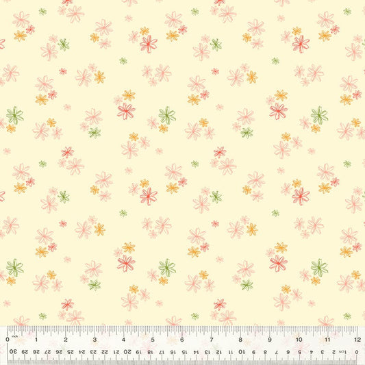 A closeup shot of the quilting fabric pattern called Dappled Daisies, designed by Jennifer Moore, in the ivory colorway. The SKU is 54717-3.