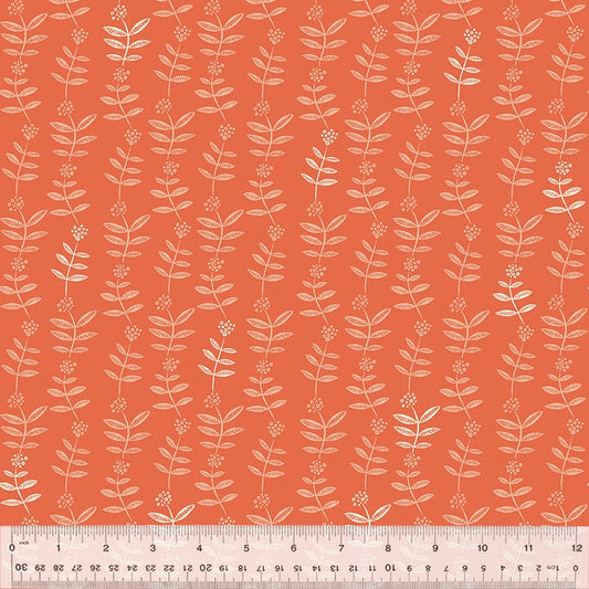 A closeup shot of the quilting fabric pattern called Flower Chain, designed by Jennifer Moore, in the coral colorway. The SKU is 54718-13.
